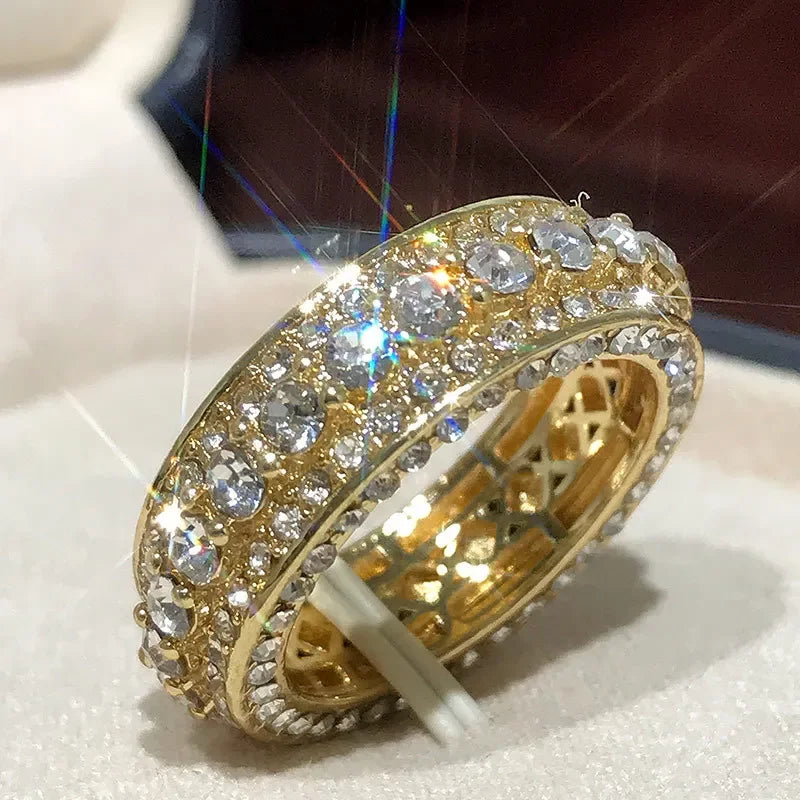 14 k Gold color Gold Full Diamond Round Ring for Women Men Wedding Engagement Party Accessories Gift Jewelry Rings 2021 Trend