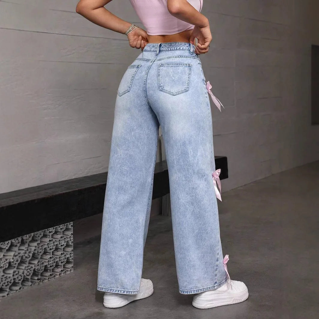 Pantalones vaqueros de pierna ancha para mujer, lavados con lazo, cintura alta, estilo urbano, desgastados, vintage, rectos, hasta los tobillos, 2025 