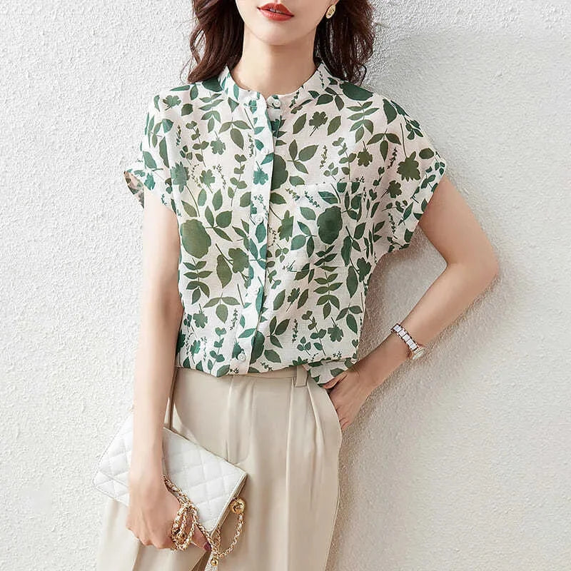 Blusas de verano para mujer, blusas informales de manga corta con cuello alto y estampado de flores 