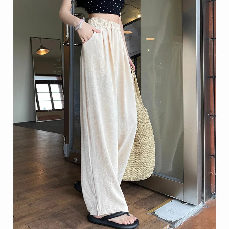 Pantalones de seda helada de colores dulces para mujer, holgados, versátiles, elásticos, de pierna recta, de cintura alta y pierna ancha, para verano 