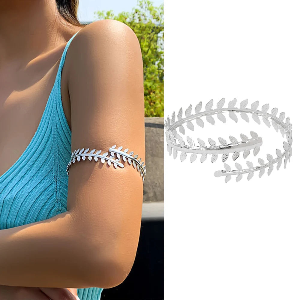 Gold Color Simple Line Butterfly Flower Open Bangles For Women Swirl Charm Armlet Greek Goddess Upper Arm Cuff Bracelet Jewelry