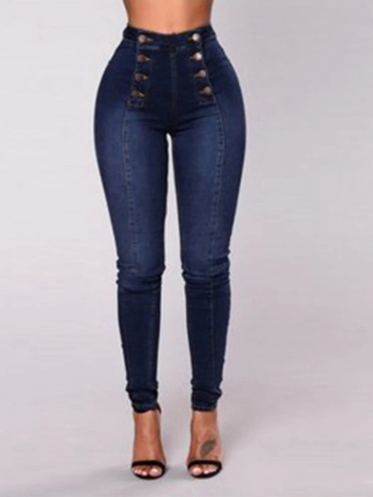 Pantalones vaqueros elásticos sexys para mujer, de cintura alta, con doble botonadura, ajustados, con cintura elástica, ajustados y a la moda.