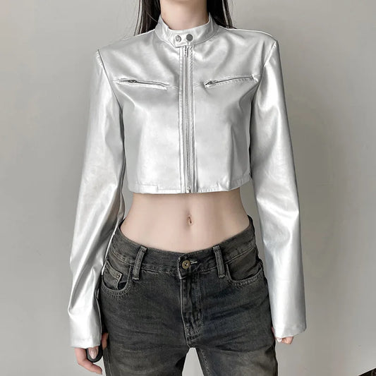Chaqueta corta con cremallera y cuello alto plateado versátil con ombligo descubierto y corte entallado para chica de calle picante 