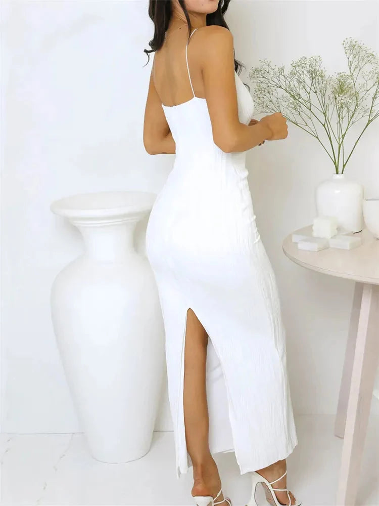 Vestido largo sexi para mujer, Vestido largo fruncido sin mangas ajustado liso para fiesta de verano, Vestido con abertura en la espalda, ropa para discoteca, trajes para mujer 