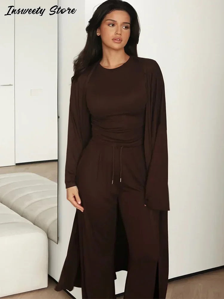 Conjunto de camisa informal, abrigo y pantalón para mujer, camisa lisa con cuello redondo, abrigo largo holgado y pantalones de pierna ancha, moda de verano 2025 para mujer, conjunto de 3 piezas 