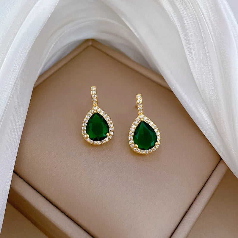 DIEYURO 316L Stainless Steel Steell Green Water Droplet Inlay Zircon Pendant Necklace Earrings Set Girl New Trend Jewelry Gift