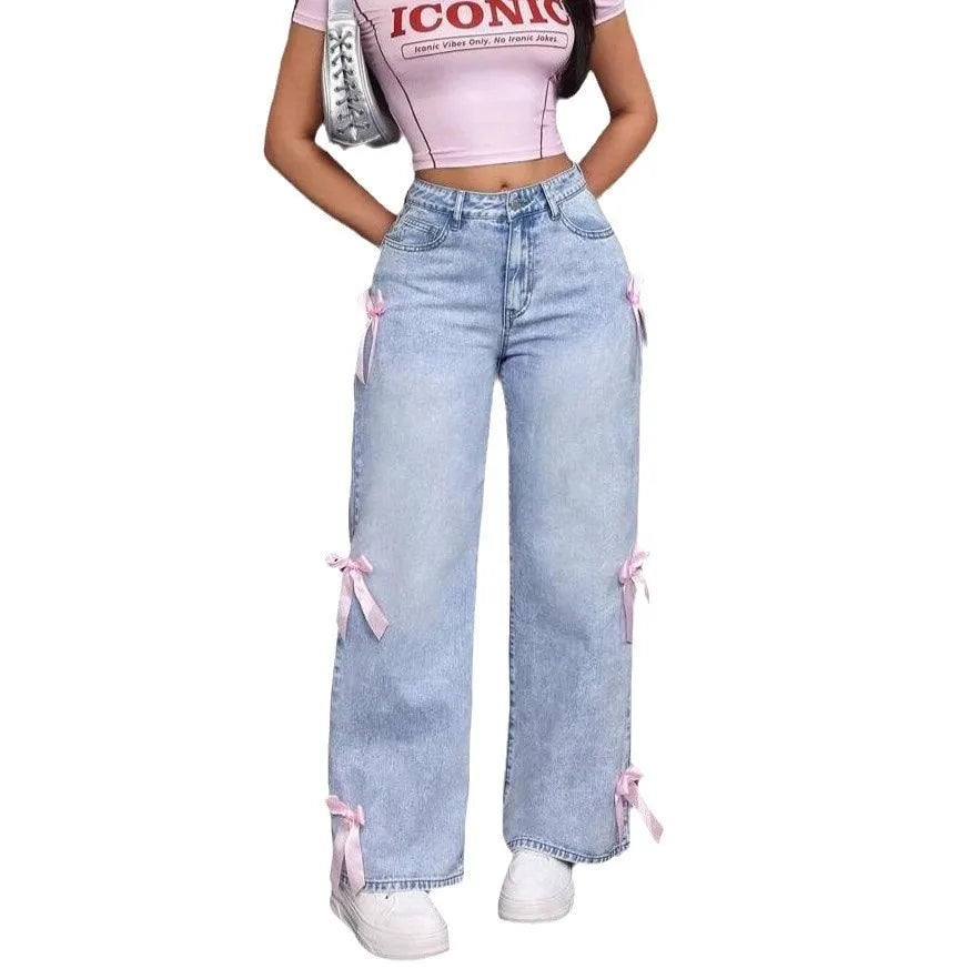 Pantalones vaqueros de pierna ancha para mujer, lavados con lazo, cintura alta, estilo urbano, desgastados, vintage, rectos, hasta los tobillos, 2025 