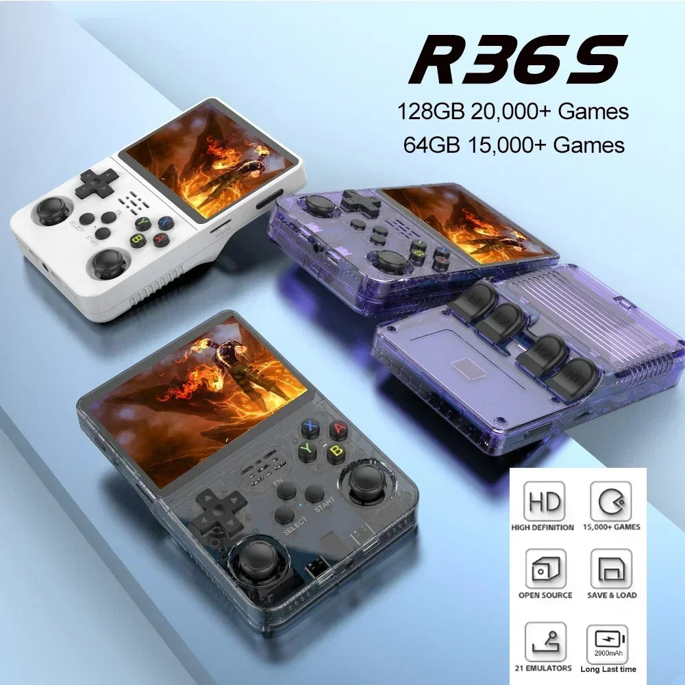 Consola de videojuegos R36S de código abierto de 128 GB, sistema Linux, pantalla IPS de 3,5 pulgadas, reproductor de vídeo portátil de bolsillo naranja, 64 GB, los mejores juegos 