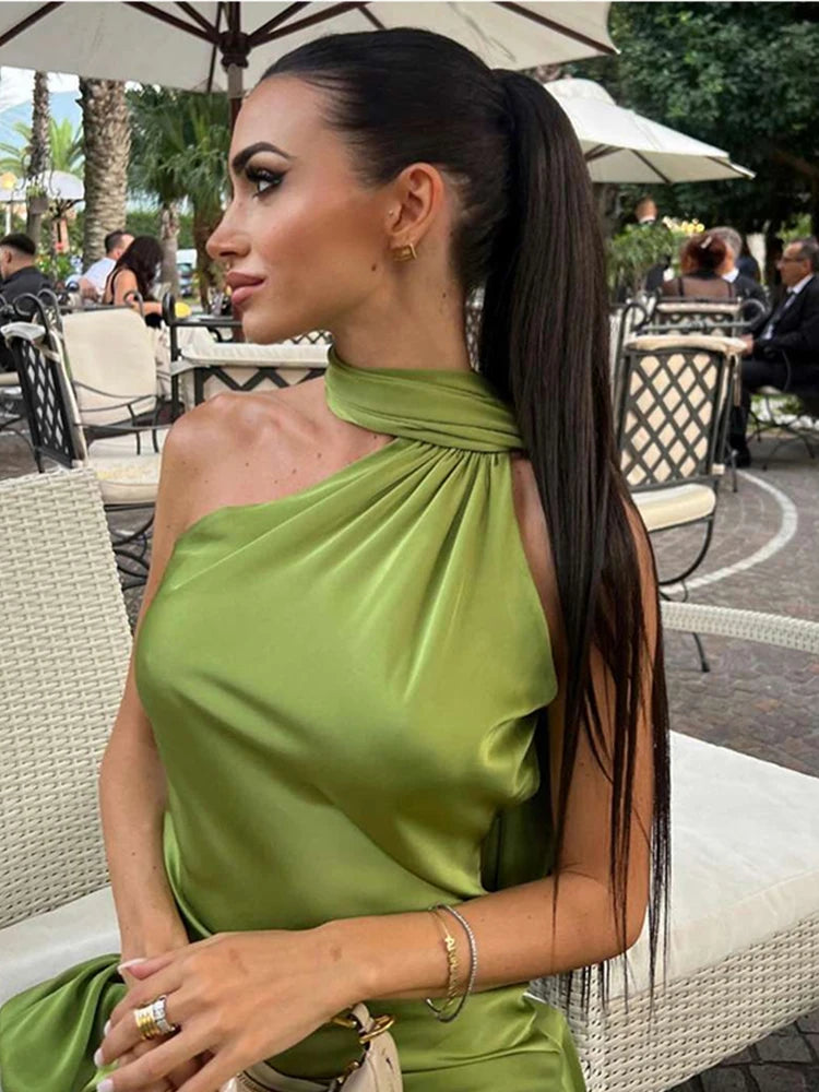 Vestido de fiesta sexy con lazo de satén para mujer, elegante, con cuello halter, espalda descubierta, hombros descubiertos, sin mangas, para mujer, verano 2024, bata lisa. 