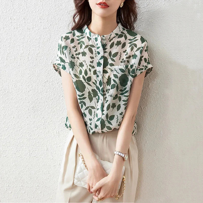 Blusas de verano para mujer, blusas informales de manga corta con cuello alto y estampado de flores 