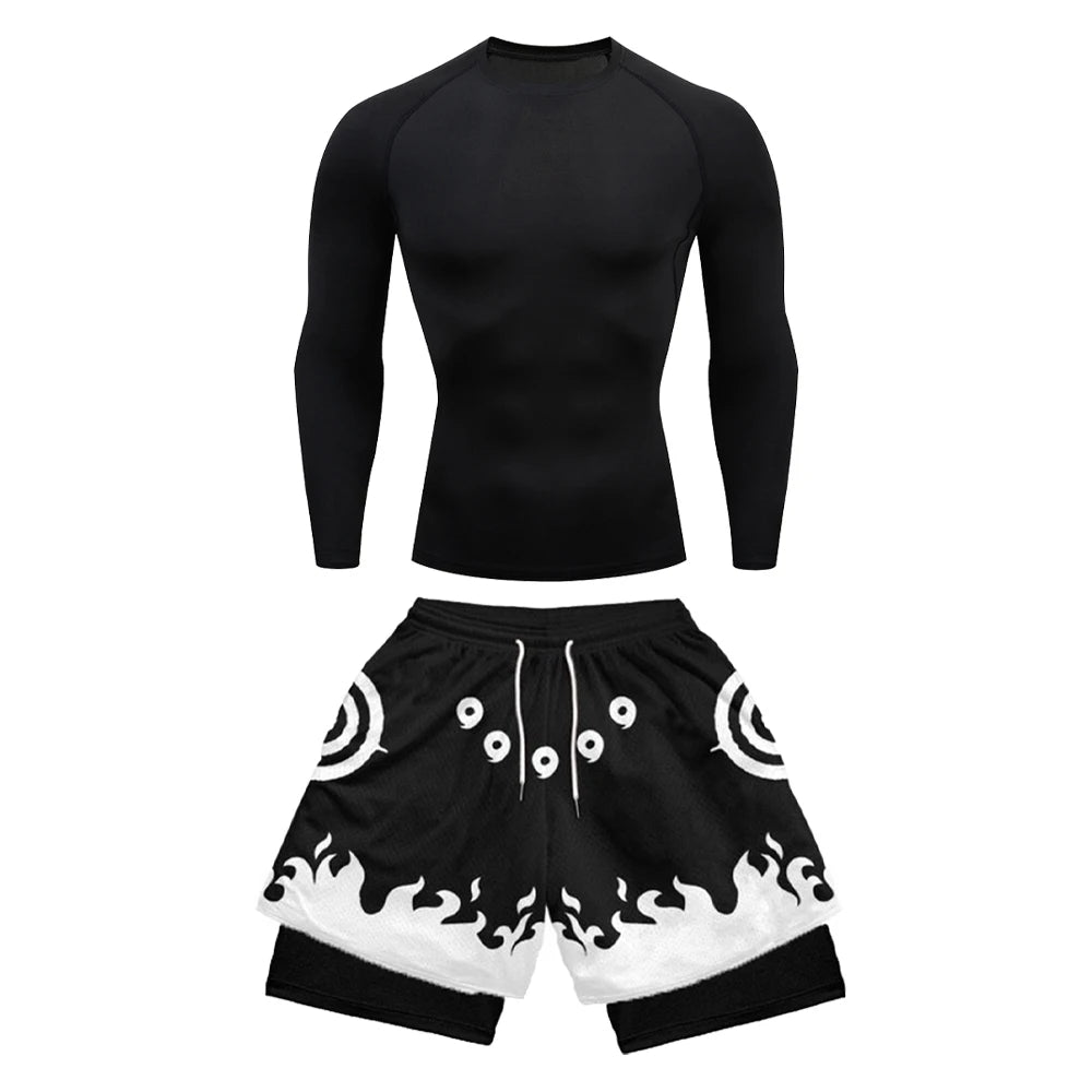 Conjunto deportivo de compresión de anime para hombre, 2 piezas, camiseta de compresión gótica de secado rápido + pantalones cortos de gimnasio Harajuku 2 en 1 de verano 