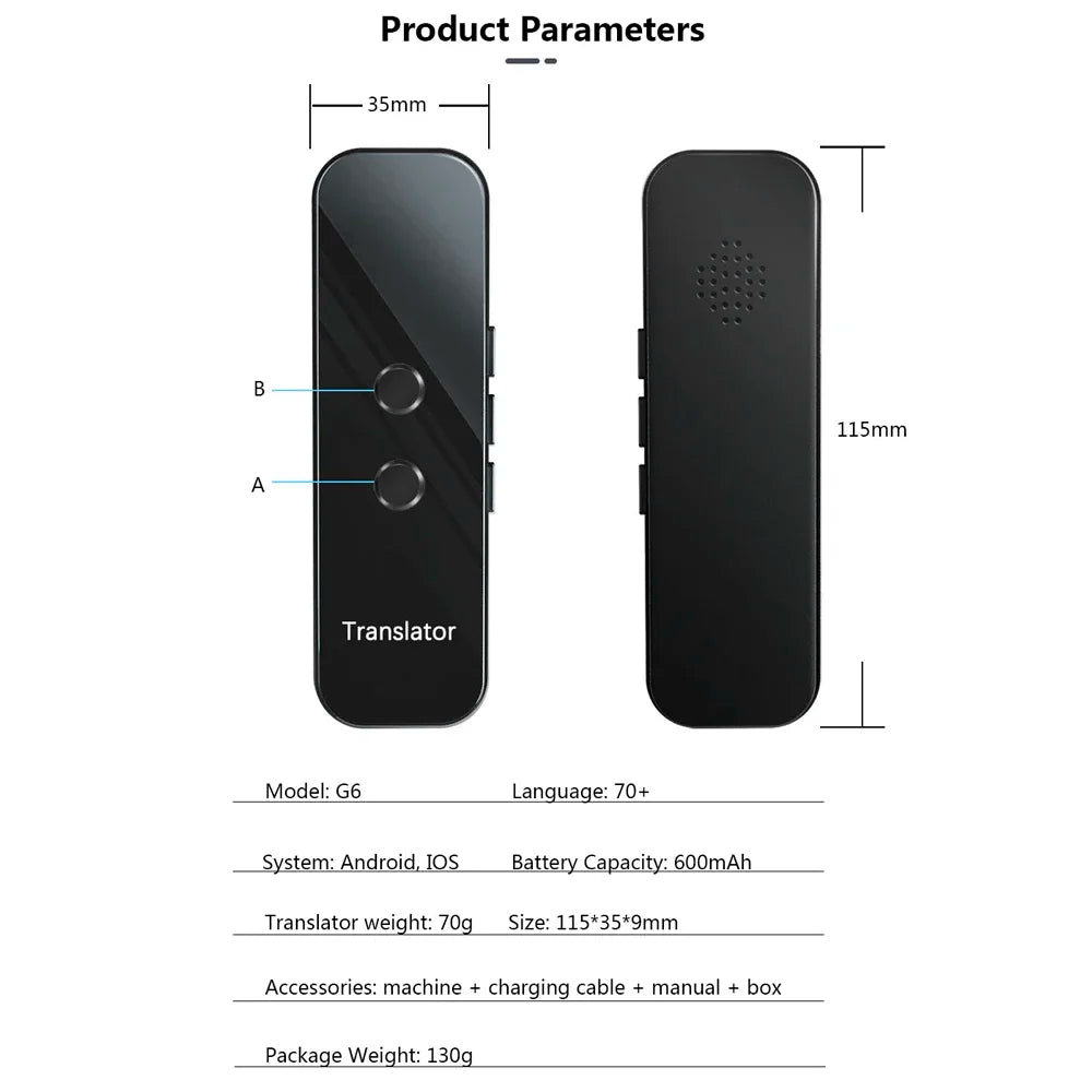 Intelligent Language Translator Tempered Glass Shell BT 4.2 70+ Languages Ultra Long Standby Chat & Dating & Text Translation