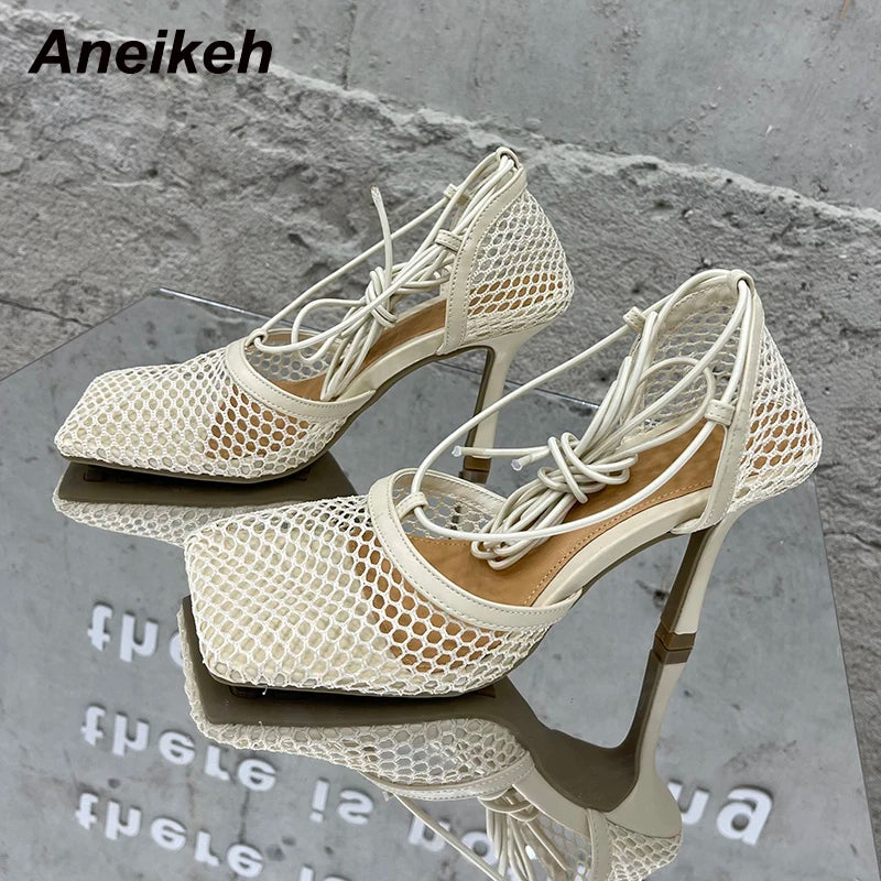 Aneikeh 2025 - Sandalias de malla sexys de verano para mujer, con punta cuadrada, tacón alto, cordones cruzados, zapatos de fiesta con tacón de aguja calado 