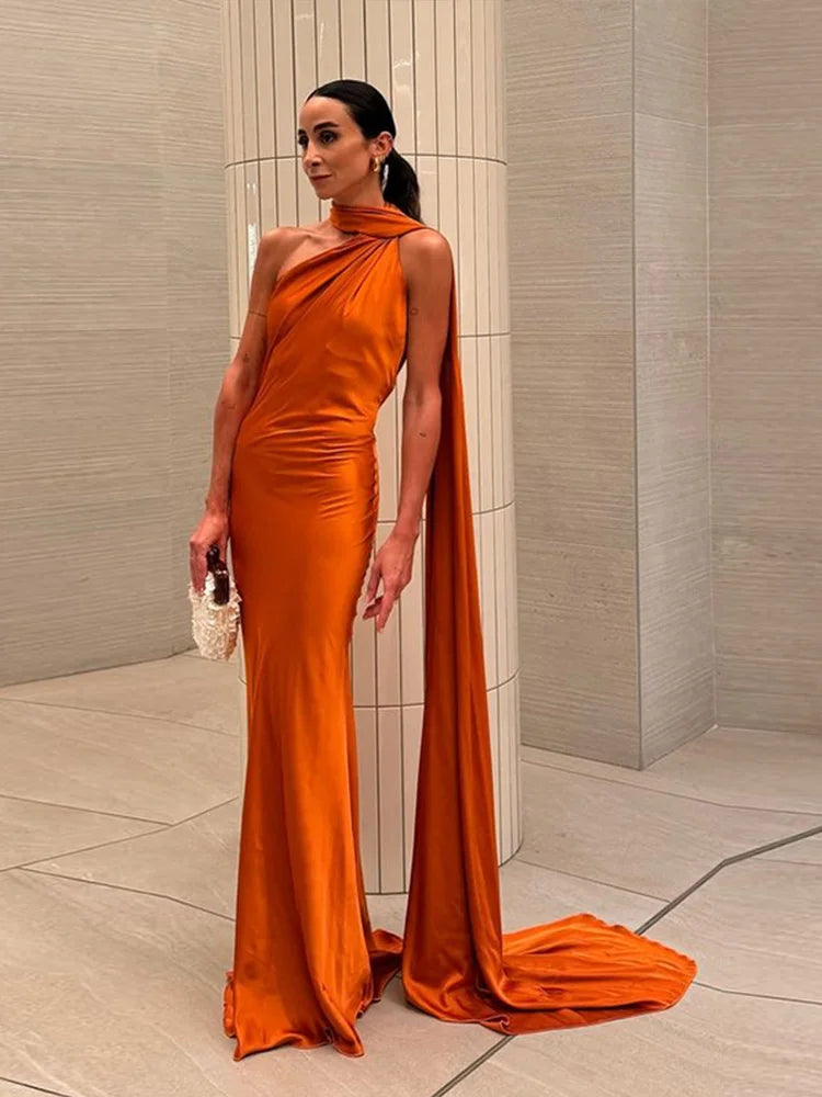 Vestido de fiesta sexy con lazo de satén para mujer, elegante, con cuello halter, espalda descubierta, hombros descubiertos, sin mangas, para mujer, verano 2024, bata lisa. 