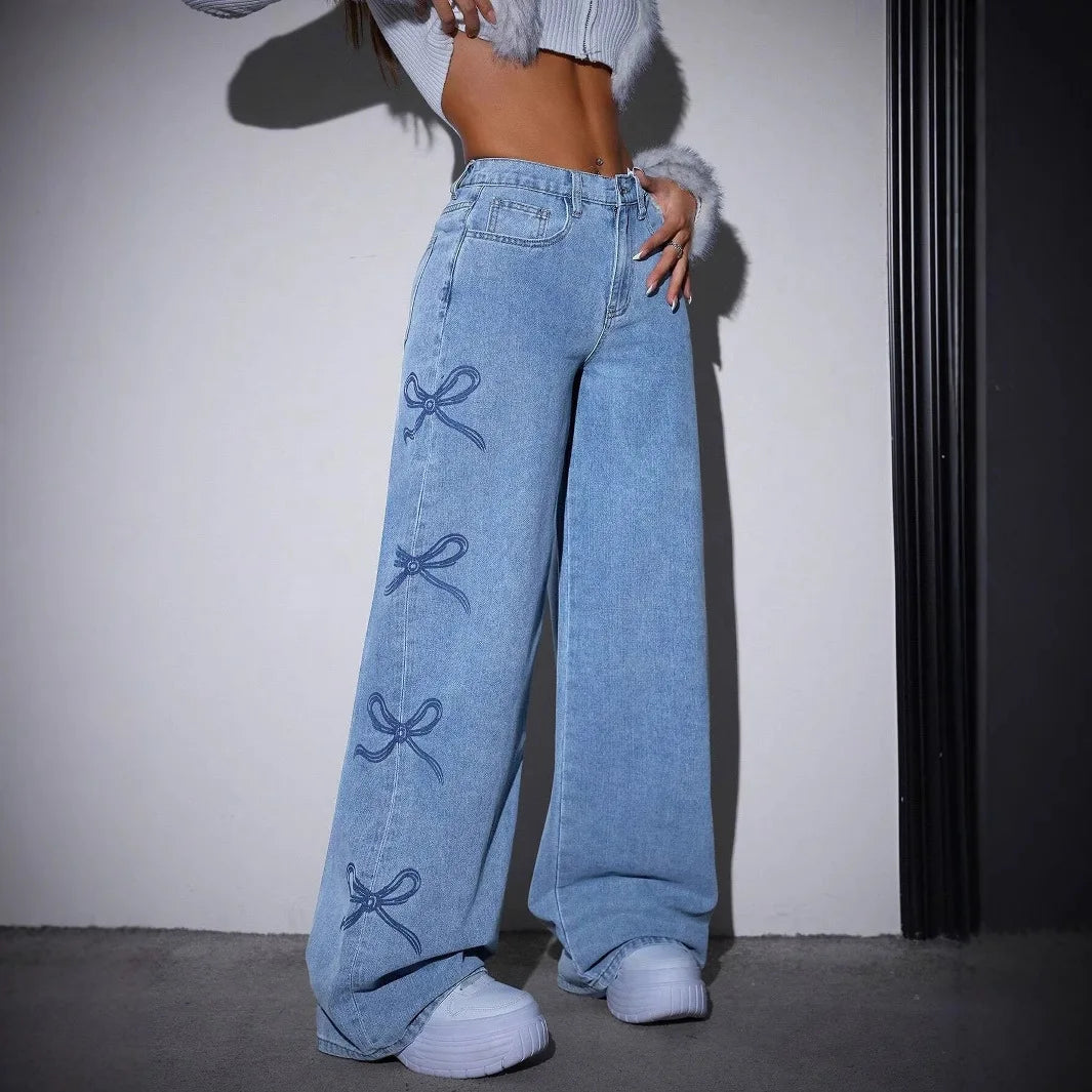 Pantalones de pierna ancha para mujer, vaqueros con estampado de lazo, cintura alta, lavados, desgastados, rectos, vaqueros vintage, largos hasta el suelo, ropa de calle 