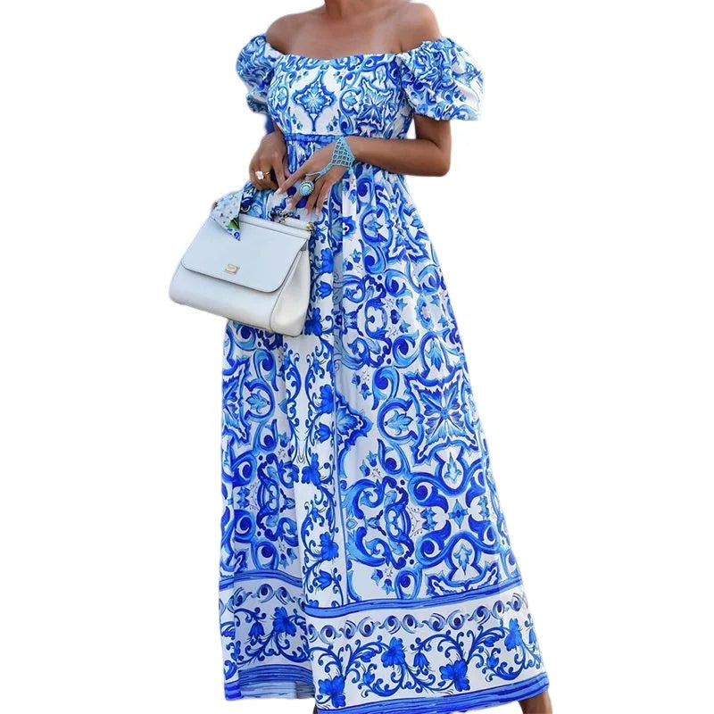 Vestido largo bohemio de verano con estampado de bambú, plisado, sin espalda, con hombros descubiertos y mangas abullonadas para fiesta 