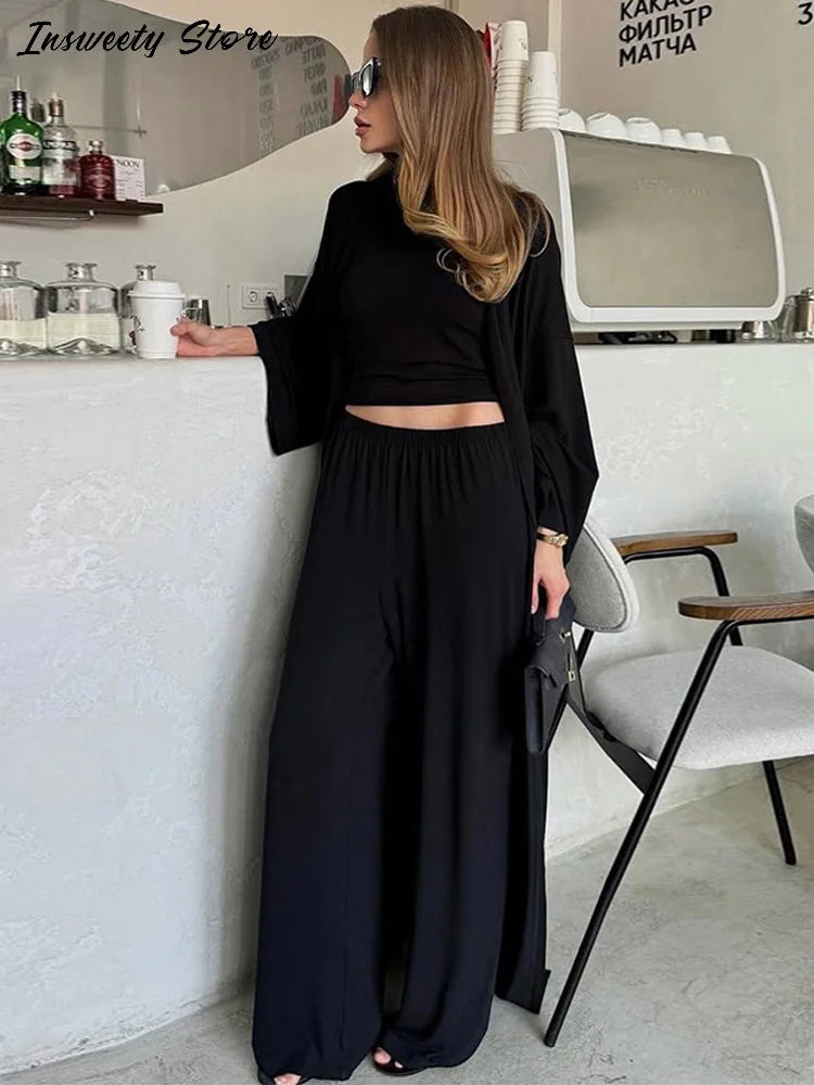 Conjunto de camisa informal, abrigo y pantalón para mujer, camisa lisa con cuello redondo, abrigo largo holgado y pantalones de pierna ancha, moda de verano 2025 para mujer, conjunto de 3 piezas 
