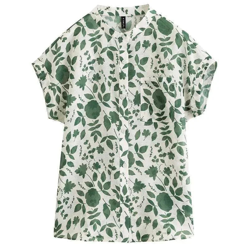 Blusas de verano para mujer, blusas informales de manga corta con cuello alto y estampado de flores 
