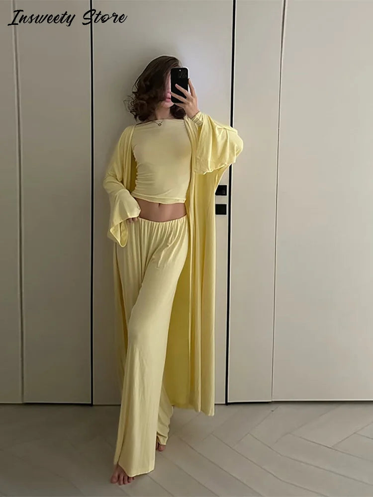 Conjunto de camisa informal, abrigo y pantalón para mujer, camisa lisa con cuello redondo, abrigo largo holgado y pantalones de pierna ancha, moda de verano 2025 para mujer, conjunto de 3 piezas 