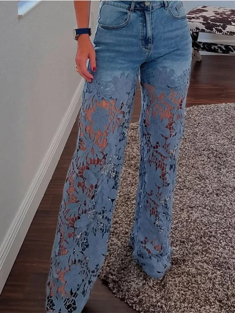 Pantalones vaqueros elásticos de talla grande para mujer con encaje recortado, pantalones anchos de cintura alta, elegantes y chic para verano. 