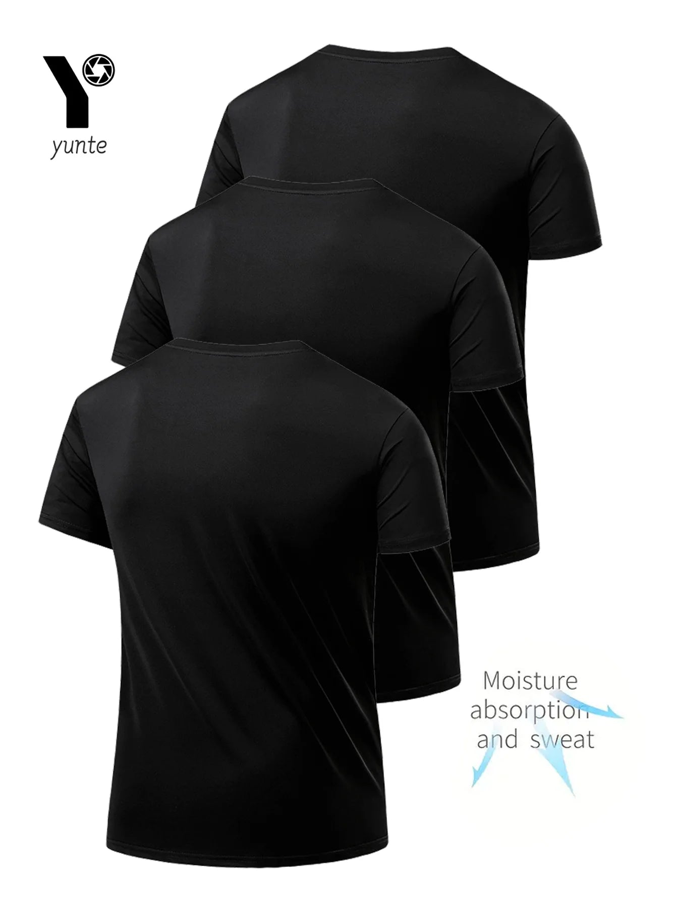 Camiseta de cuello redondo de 3 piezas negra ultraligera para hombre, de secado rápido, transpirable y absorbente del sudor, adecuada para fitness, gimnasio y Ru 