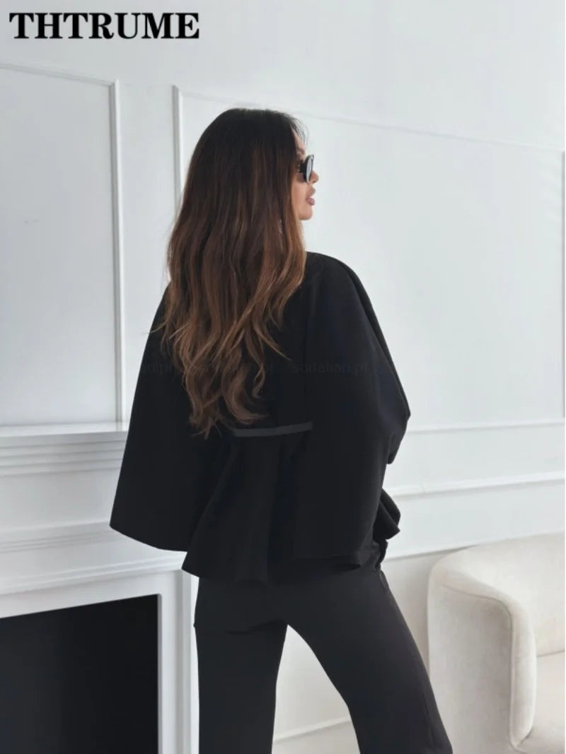 Chaquetas elegantes de otoño de color liso a la moda para mujer, abrigos nuevos gruesos con mangas de murciélago y una sola botonadura, chaqueta informal holgada y elegante para oficina. 