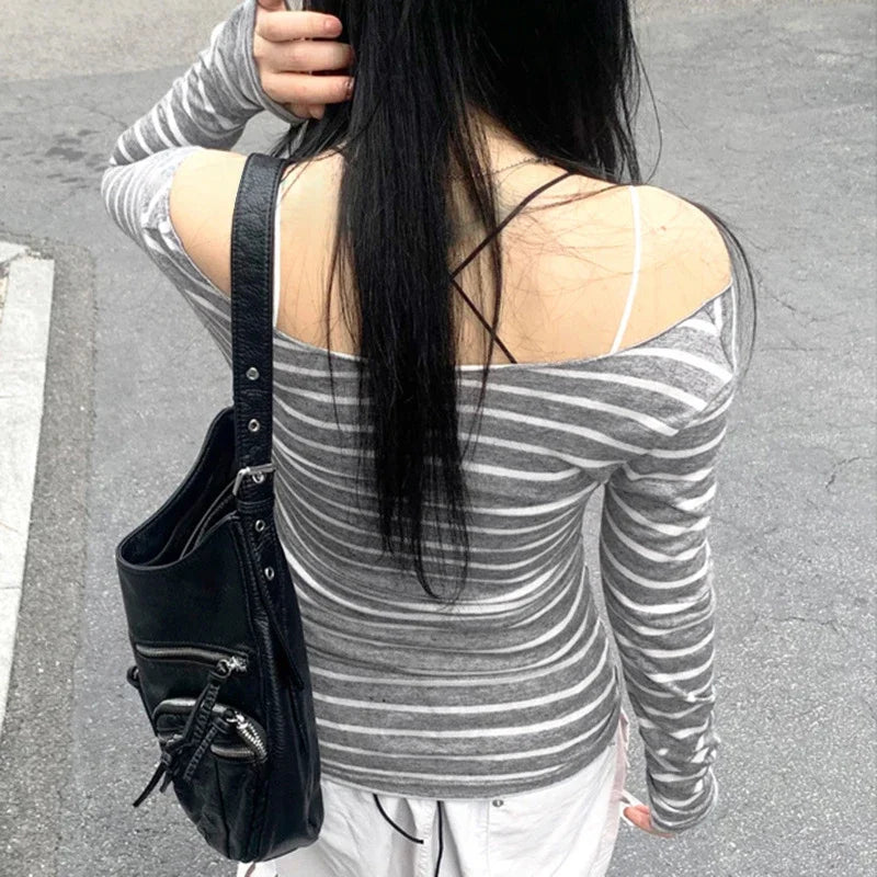 Camisetas básicas japonesas de primavera y otoño para mujer, camisetas ajustadas de manga larga a rayas sin tirantes, estilo callejero coreano Y2K, tops finos 