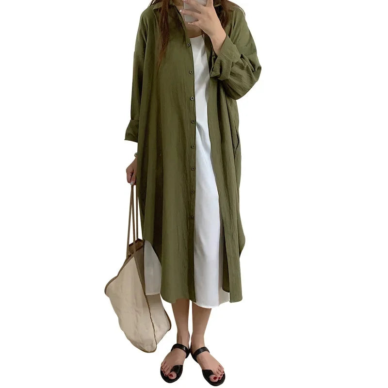 TFETTERS-Vestidos largos de camisa para mujer Camisa de manga larga suelta informal X-Long Hasta la rodilla Abrigo abotonado Ropa de moda coreana 