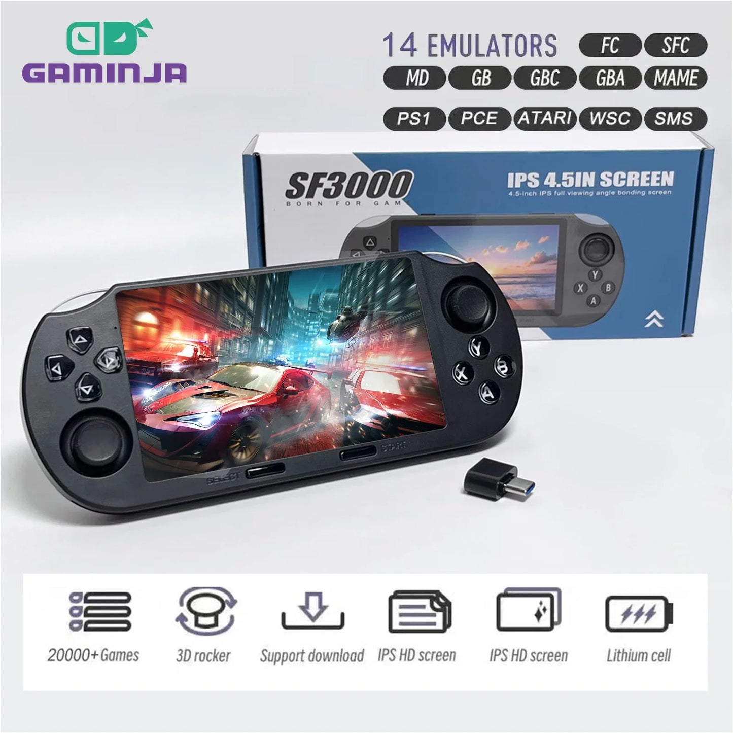 Consola de videojuegos portátil GAMINJA SF3000 con pantalla IPS de 4,5 pulgadas y más de 20.000 juegos integrados para PS1, GBA y SFC.