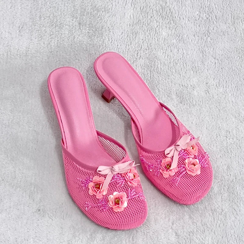 Sandalias de malla con estampado floral para mujer, con tacón fino y sexy, sin cordones 