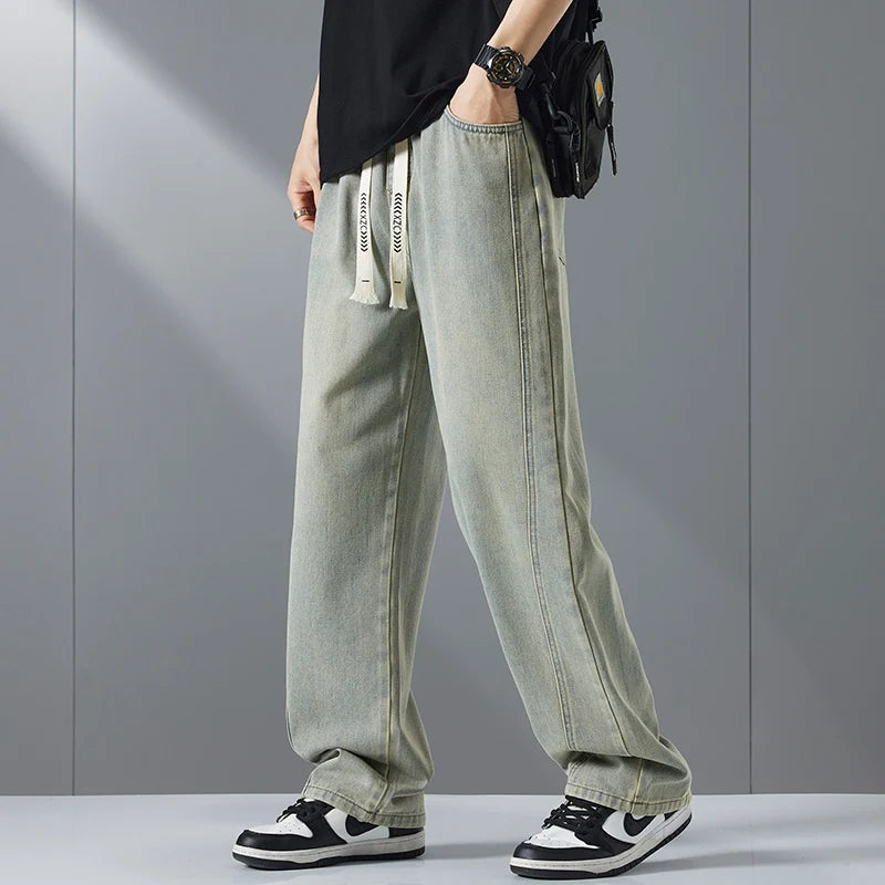 Pantalones vaqueros holgados de moda urbana para hombre, estilo vintage, lavados, rectos, con cintura elástica y pierna ancha, estilo juvenil, estilo informal Y2k 