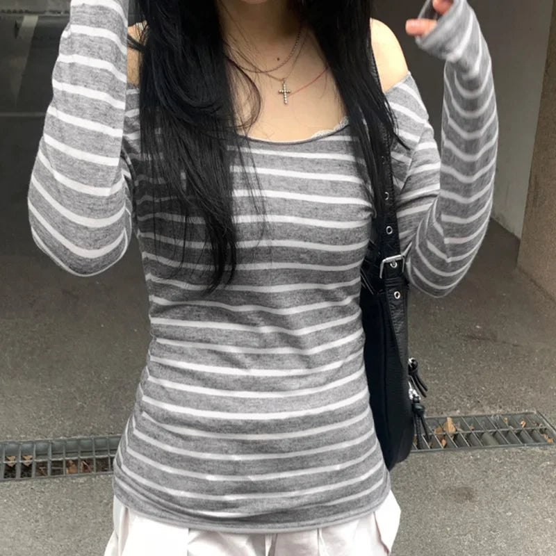 Camisetas básicas japonesas de primavera y otoño para mujer, camisetas ajustadas de manga larga a rayas sin tirantes, estilo callejero coreano Y2K, tops finos 