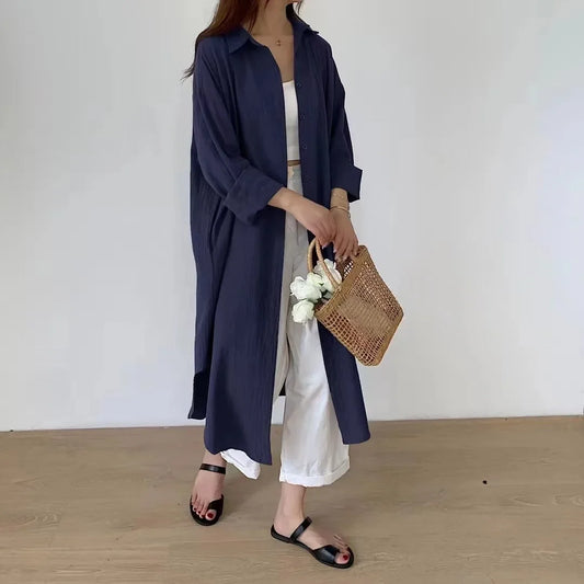 TFETTERS-Vestidos largos de camisa para mujer Camisa de manga larga suelta informal X-Long Hasta la rodilla Abrigo abotonado Ropa de moda coreana 