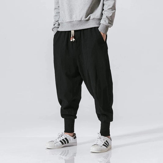 Pantalones harén de lino y algodón para hombre, con cintura elástica lisa, estilo joggers, holgados y con entrepierna baja, informales 