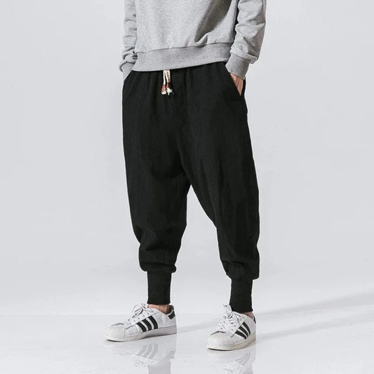 Pantalones harén de lino y algodón para hombre, ropa de calle, pantalones de chándal holgados con entrepierna baja, pantalones casuales para hombre 