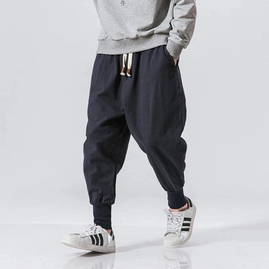 Pantalones harén de lino y algodón para hombre, con cintura elástica lisa, estilo joggers, holgados y con entrepierna baja, informales 