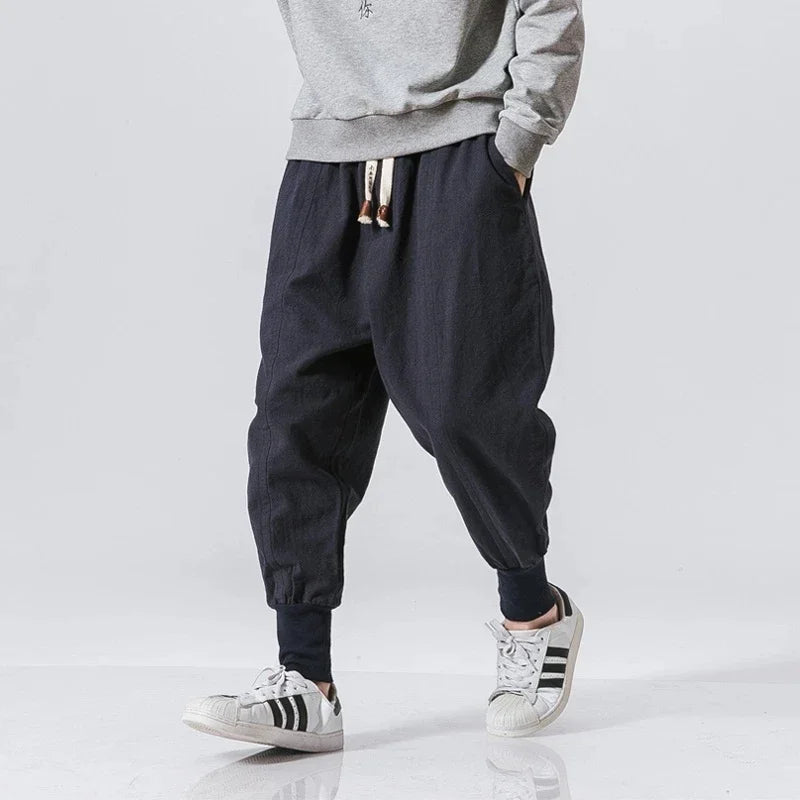 Pantalones harén de lino y algodón para hombre, ropa de calle, pantalones de chándal holgados con entrepierna baja, pantalones casuales para hombre 