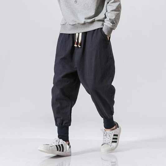 Pantalones harén de lino y algodón para hombre, ropa de calle, pantalones de chándal holgados con entrepierna baja, pantalones casuales para hombre 