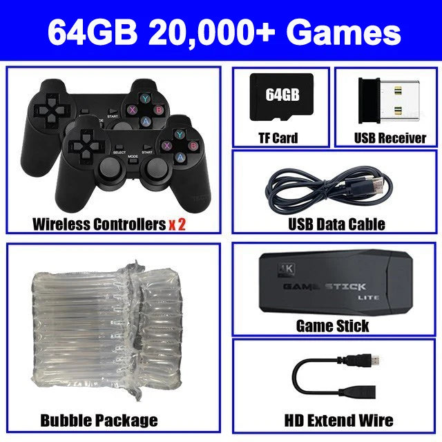 Consola de videojuegos con más de 20 000 juegos integrados, reproductor de juegos portátil retro, 64 GB, 4K, TV, mando inalámbrico de 2,4 GB 