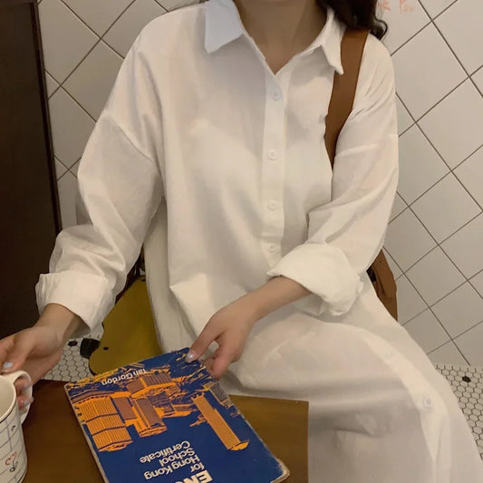 TFETTERS-Vestidos largos de camisa para mujer Camisa de manga larga suelta informal X-Long Hasta la rodilla Abrigo abotonado Ropa de moda coreana 