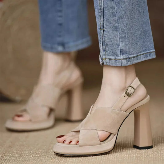 Sandalias de un solo botón, de verano 2024, con punta abierta gruesa, sexys, negras, profesionales, de 9 cm de alto, con temperamento femenino. 