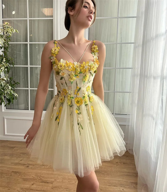 Vestido de fiesta de tul amarillo de hadas personalizado Sevintage, corte A, tirantes finos, escote corazón, flores 3D, vestidos de bienvenida 