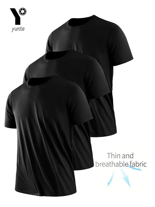 Camiseta de cuello redondo de 3 piezas negra ultraligera para hombre, de secado rápido, transpirable y absorbente del sudor, adecuada para fitness, gimnasio y Ru 