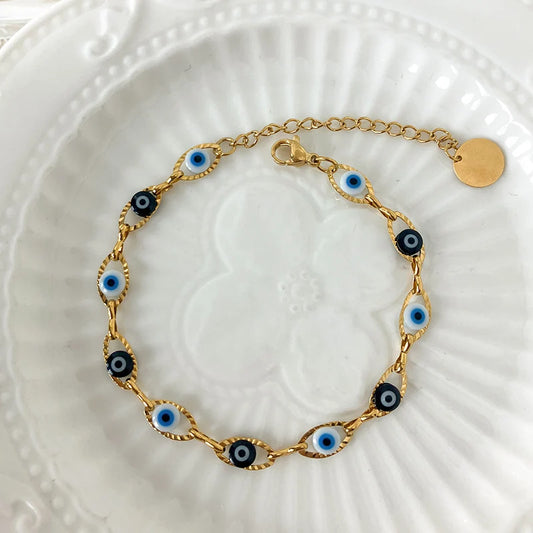 May@RZ Turkish Evil's Eye Fashion Stainless Steel Bracelet For Men And Women 14K Gold Plated Classy Jewelry Daily Wear Bracelet