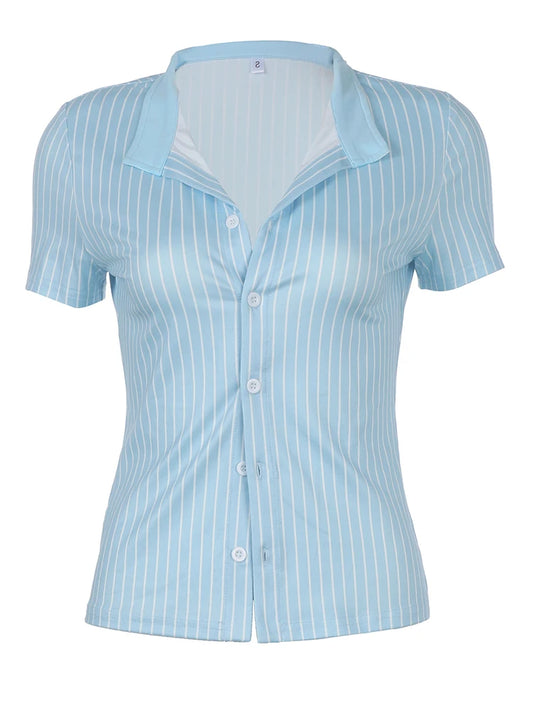 Camisas de manga corta a rayas azules Sweetown para mujer, con botones, cuello vuelto, ajustadas, sencillas, informales, preppy, camisetas básicas de verano 