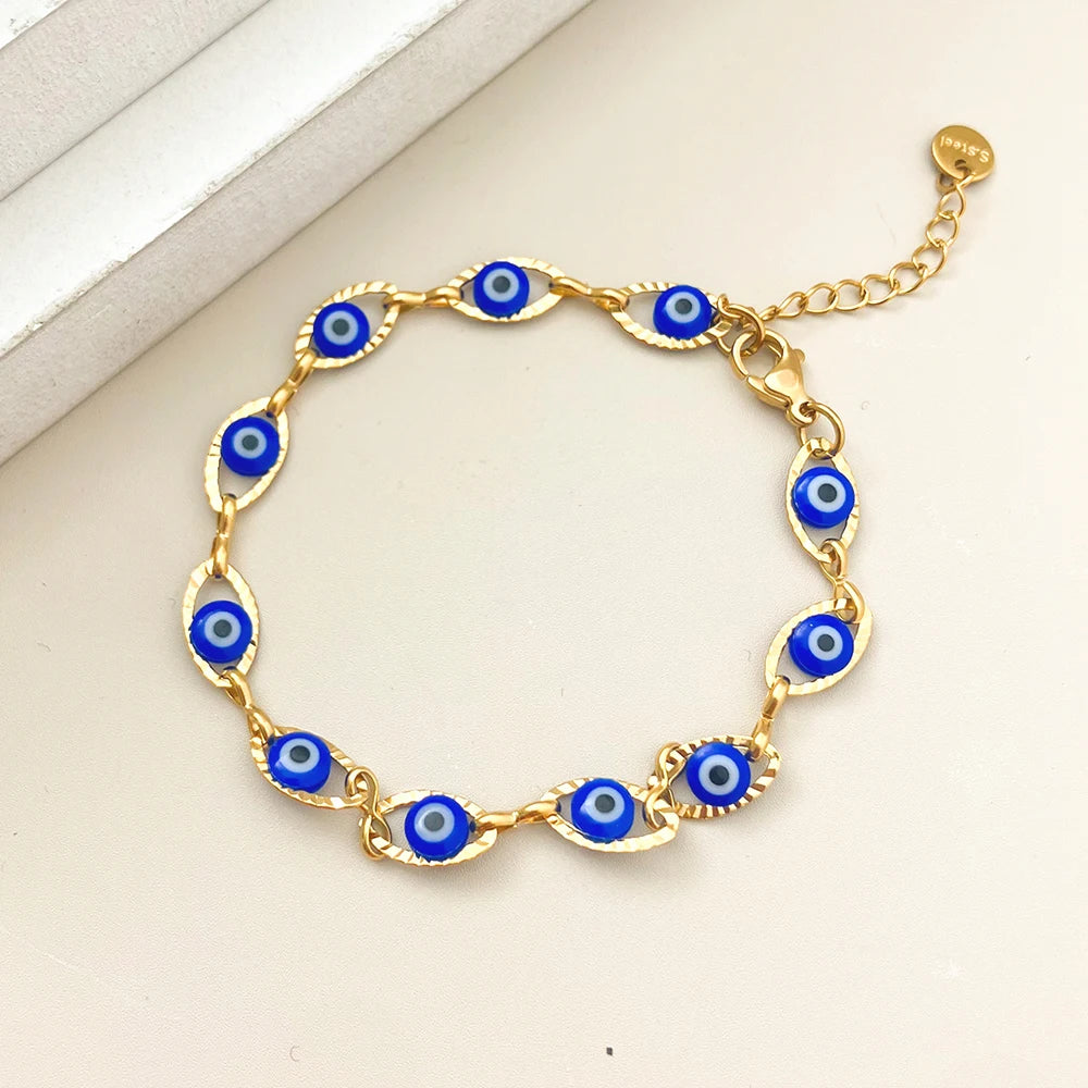 May@RZ Turkish Evil's Eye Fashion Stainless Steel Bracelet For Men And Women 14K Gold Plated Classy Jewelry Daily Wear Bracelet