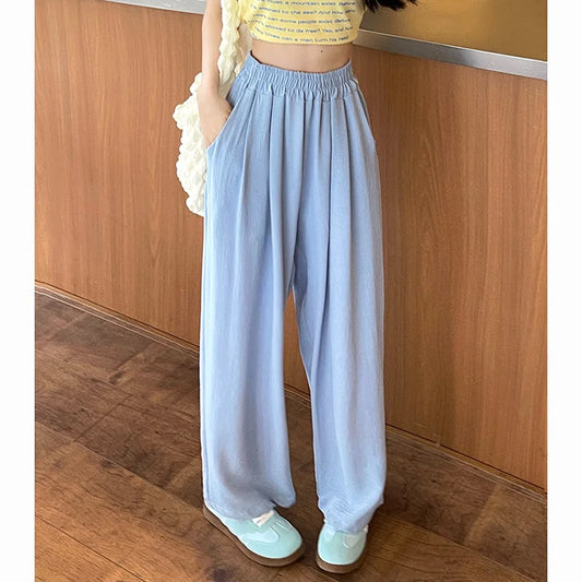 Pantalones de seda helada de colores dulces para mujer, holgados, versátiles, elásticos, de pierna recta, de cintura alta y pierna ancha, para verano 