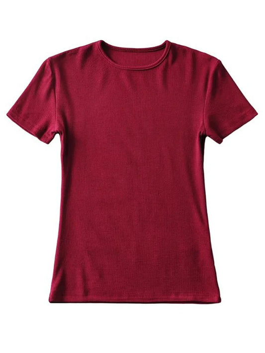 Camiseta informal de verano para mujer, ajustada, de manga corta, con cuello redondo, básica, lisa, corta 