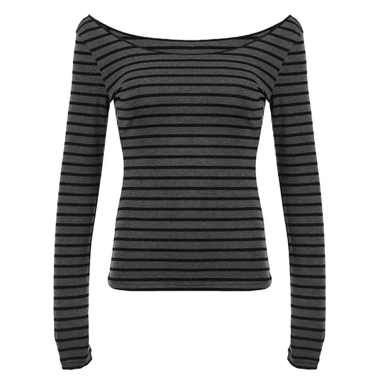 Camisetas básicas japonesas de primavera y otoño para mujer, camisetas ajustadas de manga larga a rayas sin tirantes, estilo callejero coreano Y2K, tops finos 