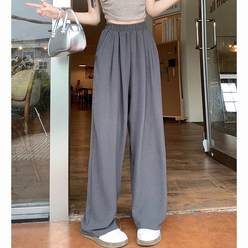 Pantalones de seda helada de colores dulces para mujer, holgados, versátiles, elásticos, de pierna recta, de cintura alta y pierna ancha, para verano 